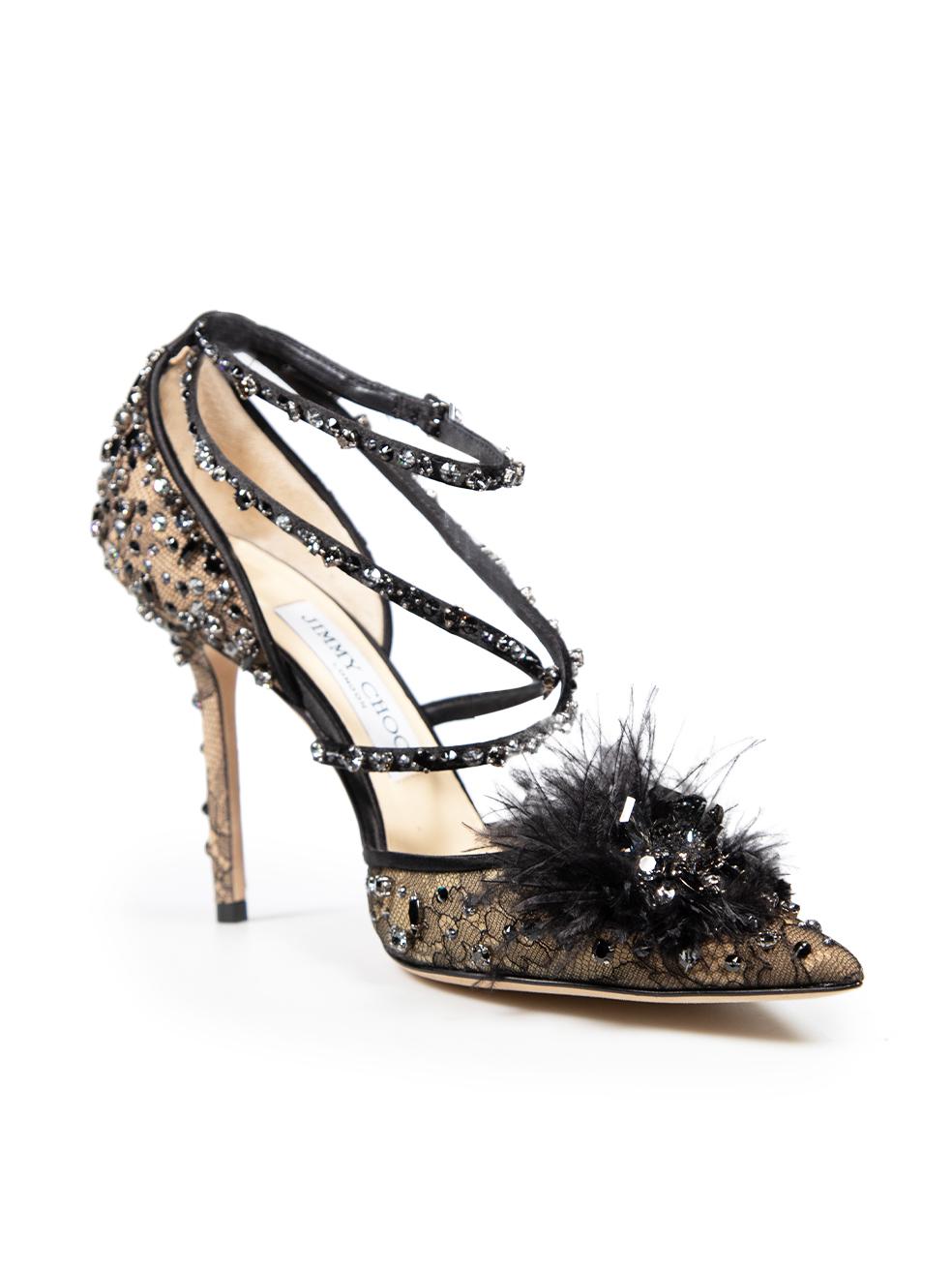 CONDITION is Never worn. No visible wear to the heels is evident on this new Jimmy Choo designer resale item.
 
 
 
 Details
 
 
 Model: Odette 100
 
 Black
 
 Cloth textile
 
 Pumps
 
 Point toe
 
 See through mesh
 
 Ostrich feather and crystal