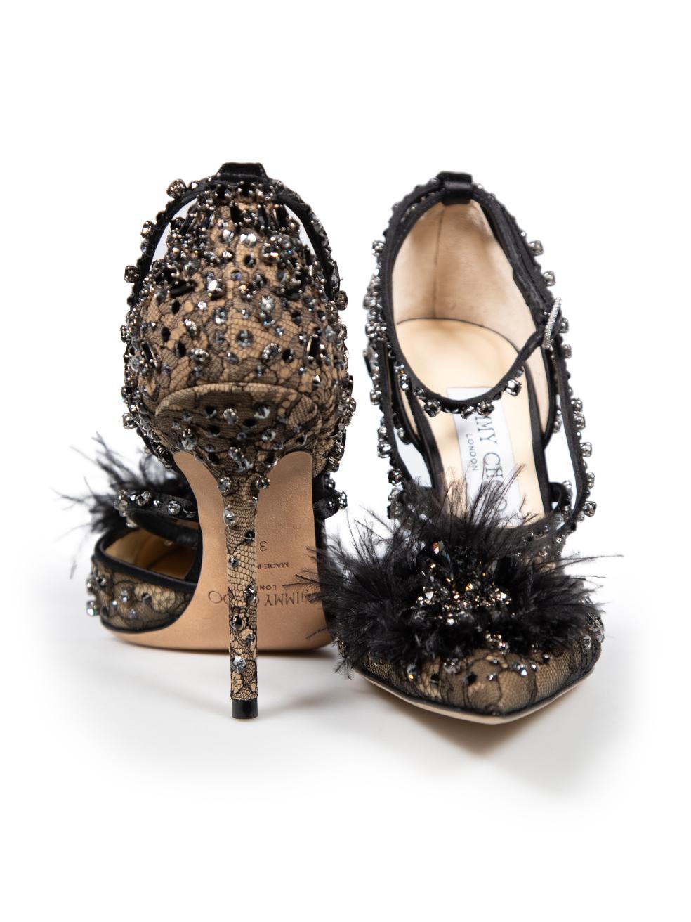 Jimmy Choo Black Ostrich Feather Crystal Odette 100 Pumps Size IT 37 In New Condition In London, GB