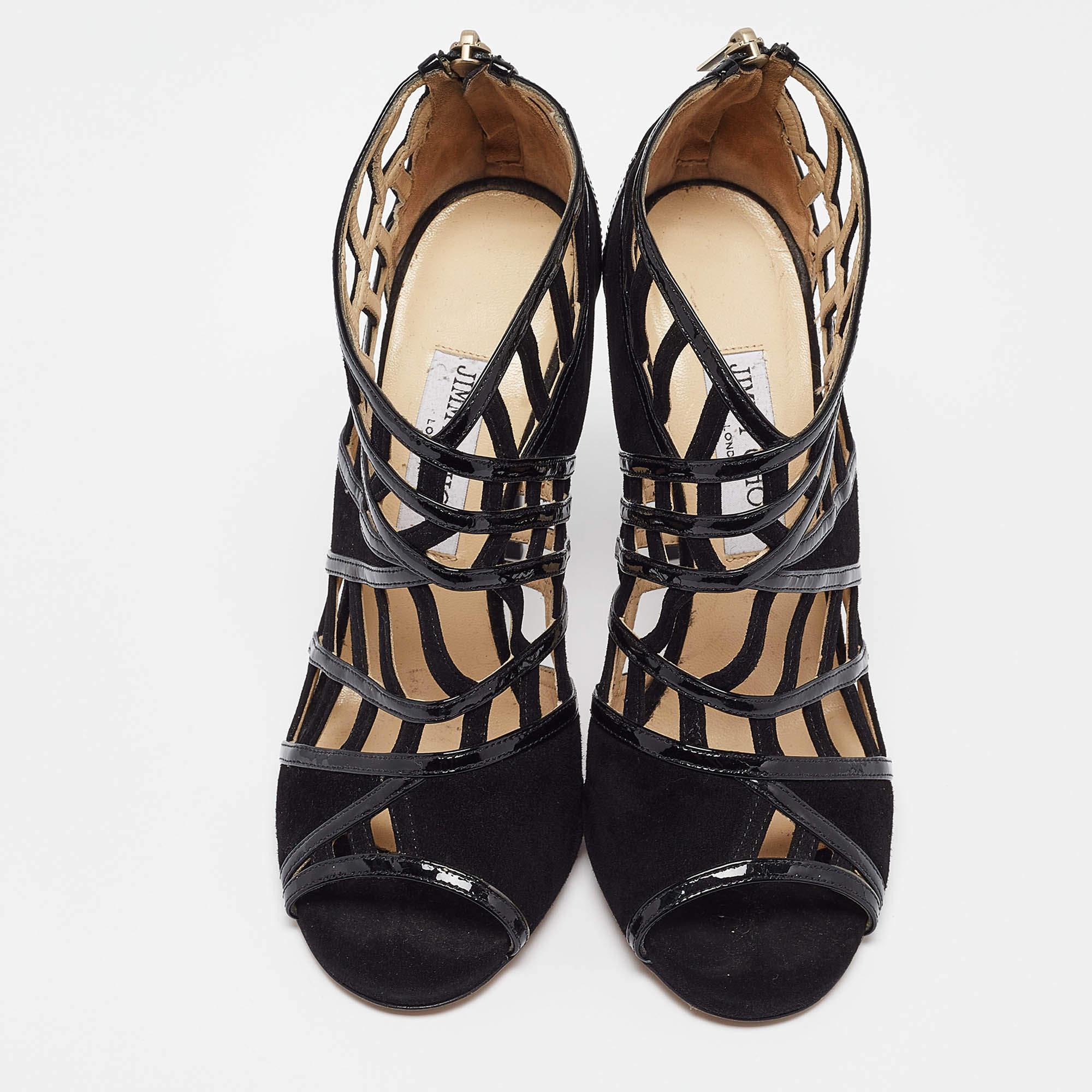 Noir Jimmy Choo - Sandales à découpes en daim et vernis noir - Taille 39 en vente