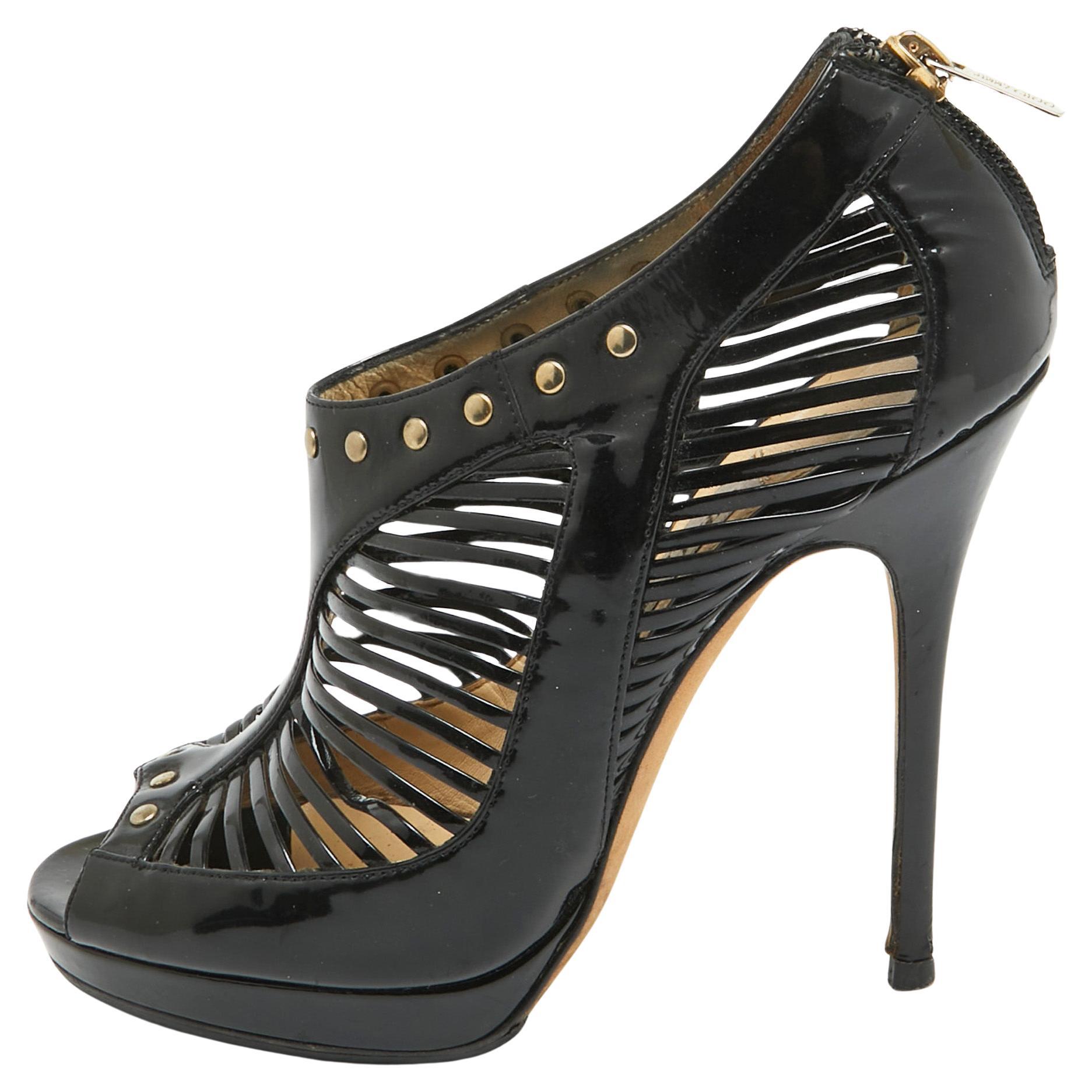 Jimmy Choo Black Patent Cage Peep Toe Booties Size 38 For Sale