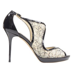 JIMMY CHOO black patent floral lace nesh cut out platform sandals EU38