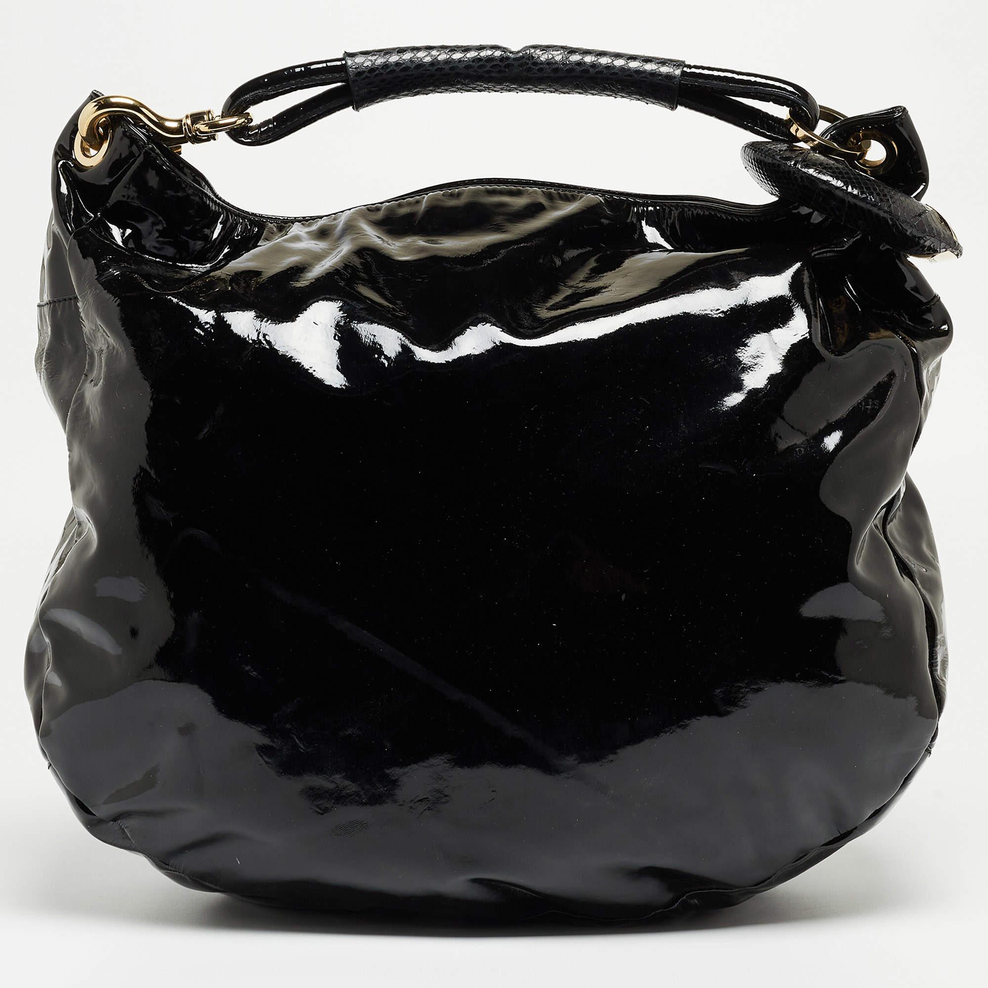 Women's Jimmy Choo Black Patent Leather And Karung Large Saba Hobo