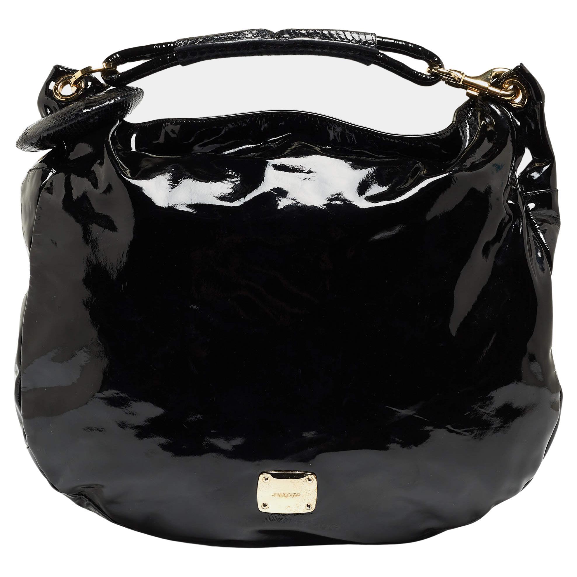 Jimmy Choo Black Patent Leather And Karung Large Saba Hobo