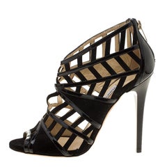 Jimmy Choo Black Patent Leather and Suede Vector Cut Out Cage Sandals Size 37