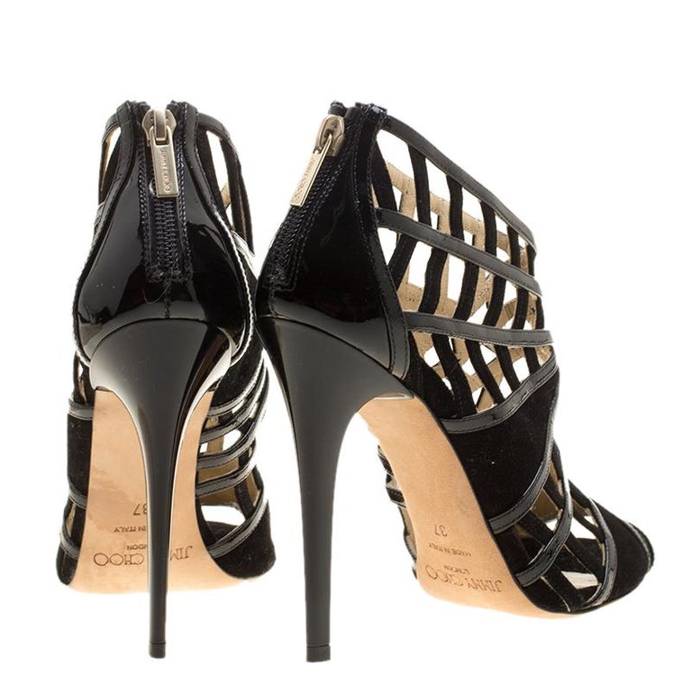 Jimmy Choo Black Patent Leather and Suede Vector Cut Out Cage Sandals ...