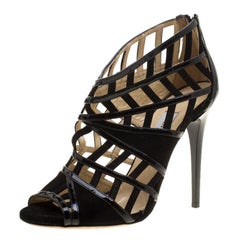 Jimmy Choo Black Patent Leather and Suede Vector Cut Out Cage Sandals Size 37