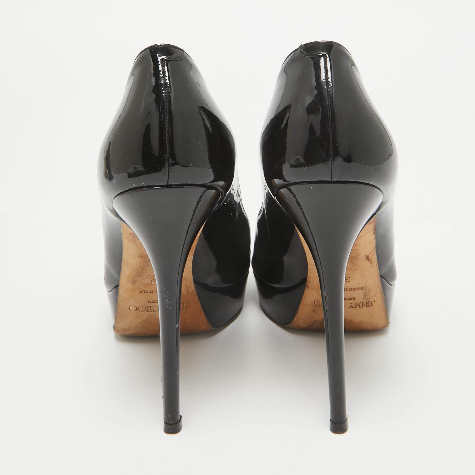 Jimmy Choo Black Patent Leather Crown Peep Toe Pumps Size 39 For Sale 1