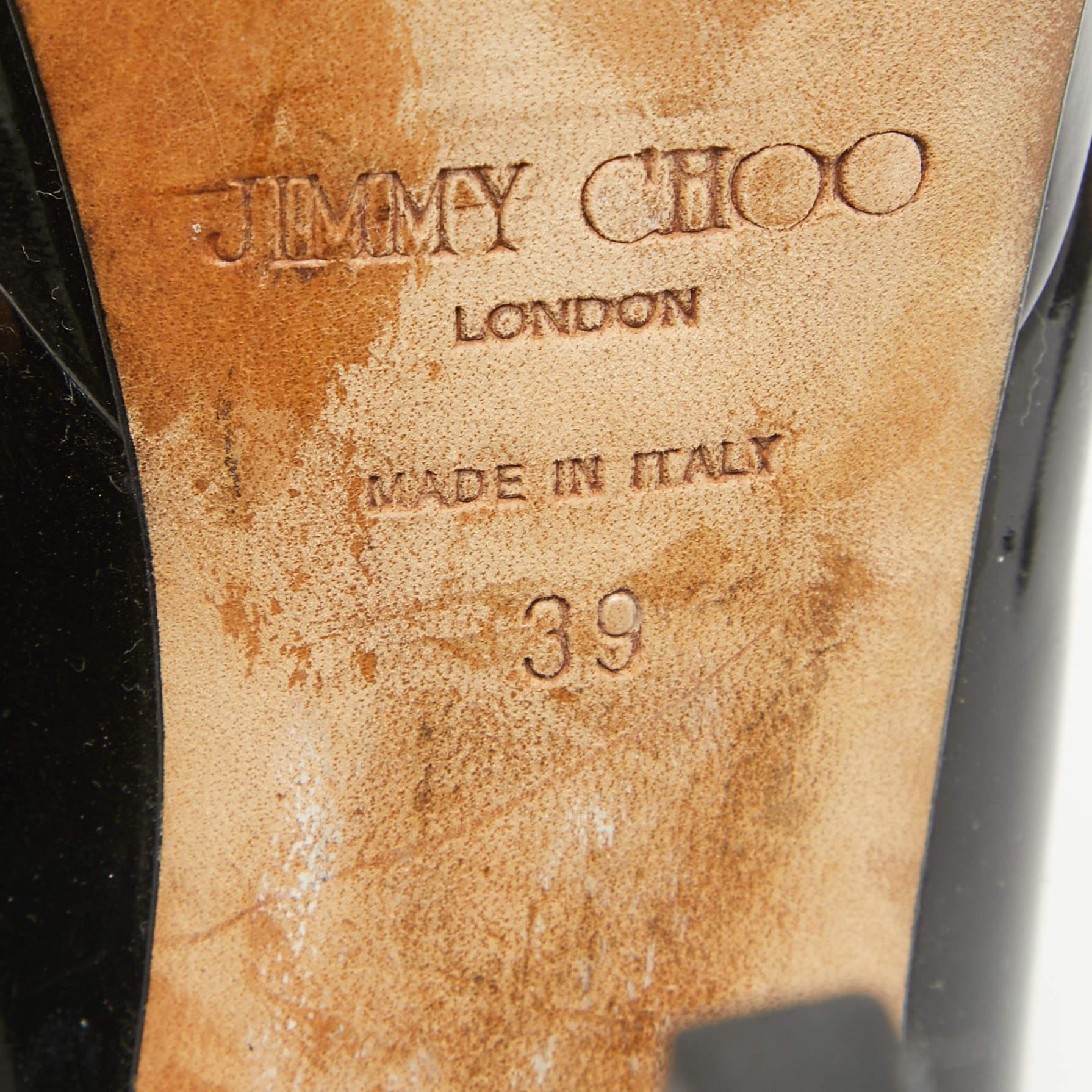 Jimmy Choo Black Patent Leather Crown Peep Toe Pumps Size 39 For Sale 4