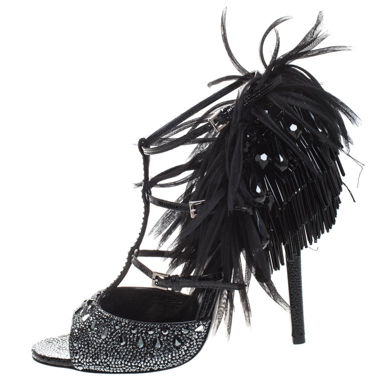 Jimmy Choo Black Patent Leather Crystal Embellished, Beaded Open Toe ...