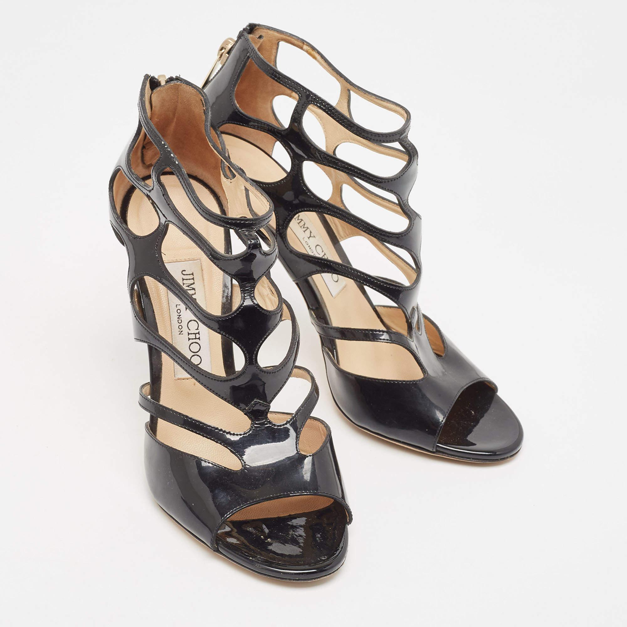 Women's Jimmy Choo Black Patent Leather Cut Out Peep Toe Sandals Size 37 For Sale