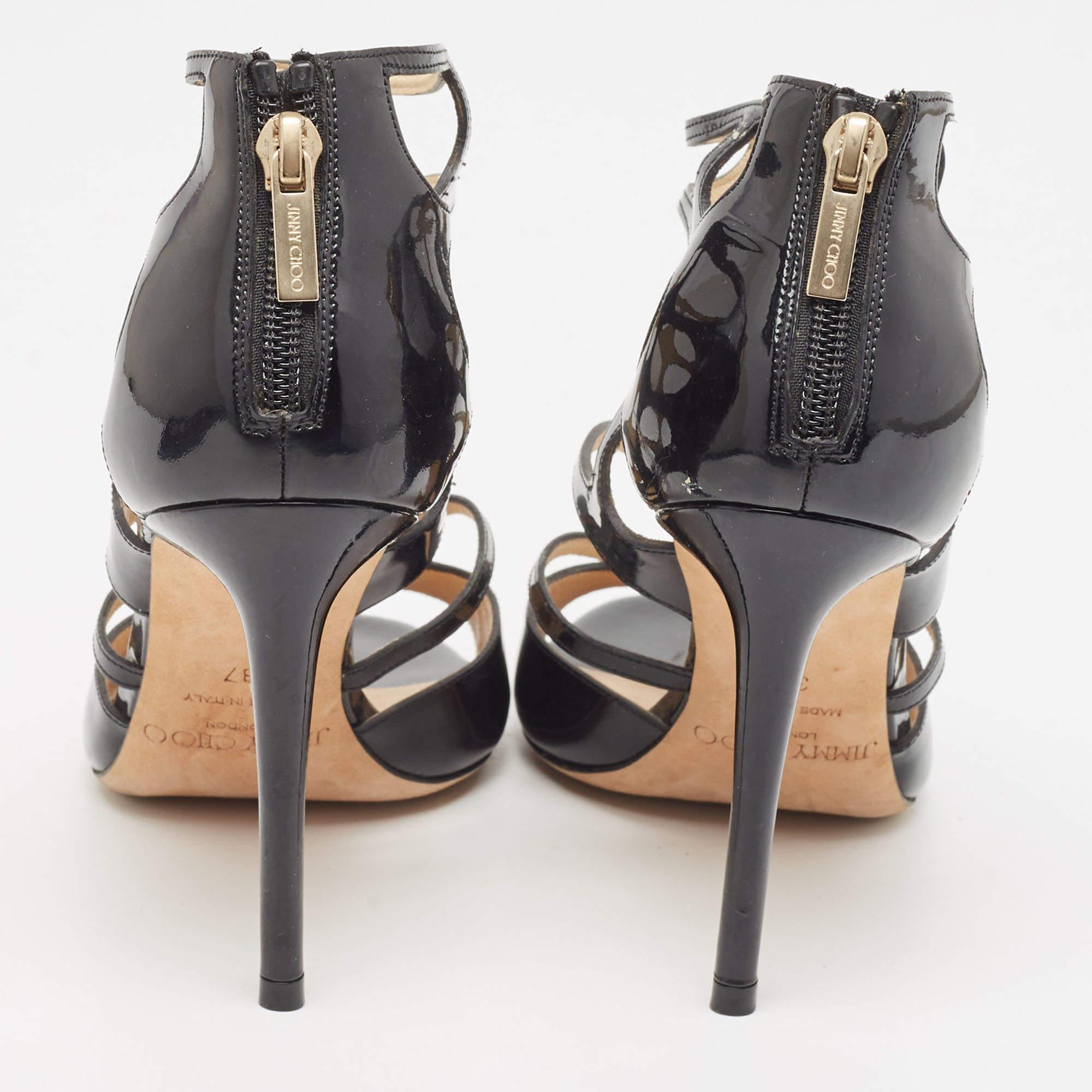 Jimmy Choo Black Patent Leather Cut Out Peep Toe Sandals Size 37 For Sale 1
