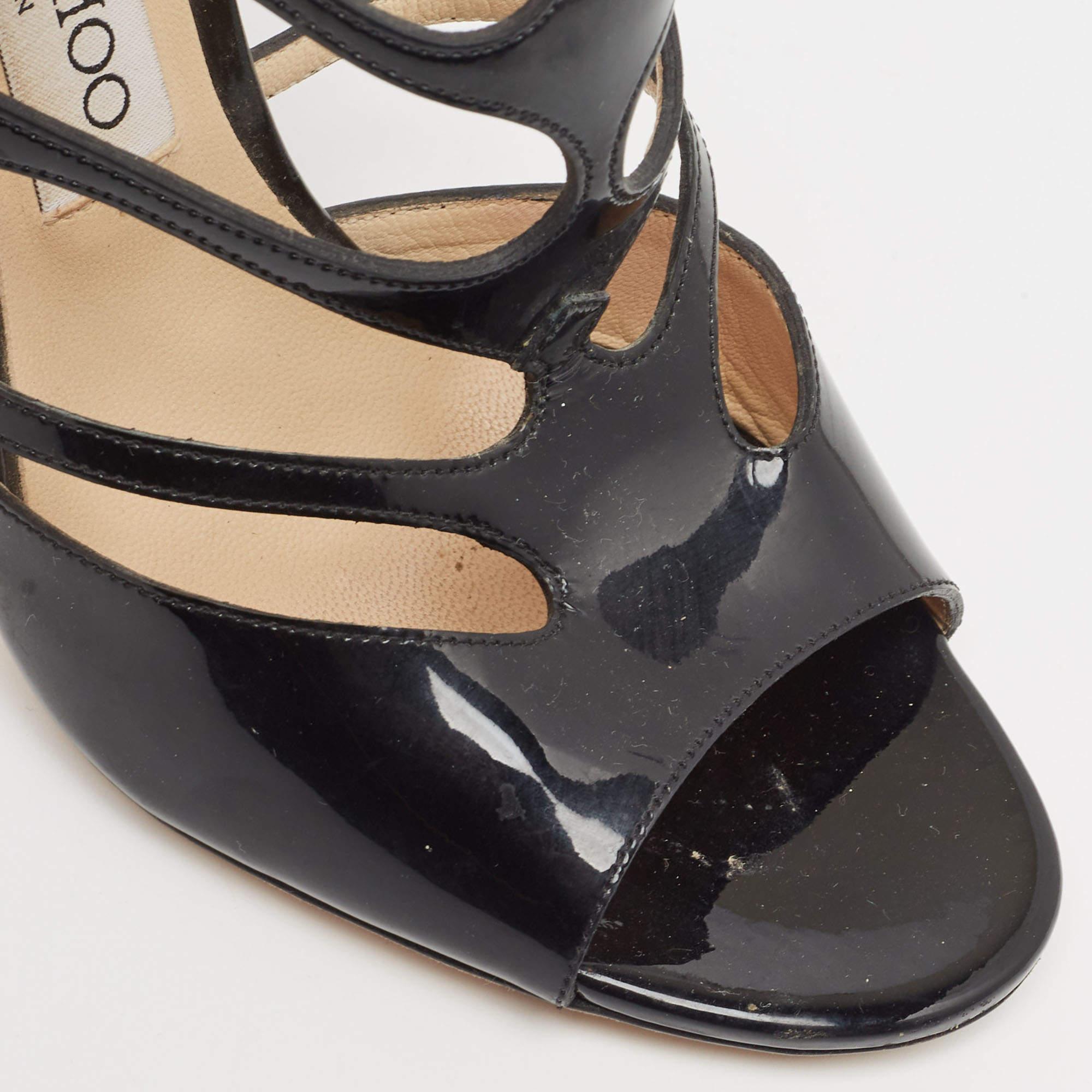 Jimmy Choo Black Patent Leather Cut Out Peep Toe Sandals Size 37 For Sale 3