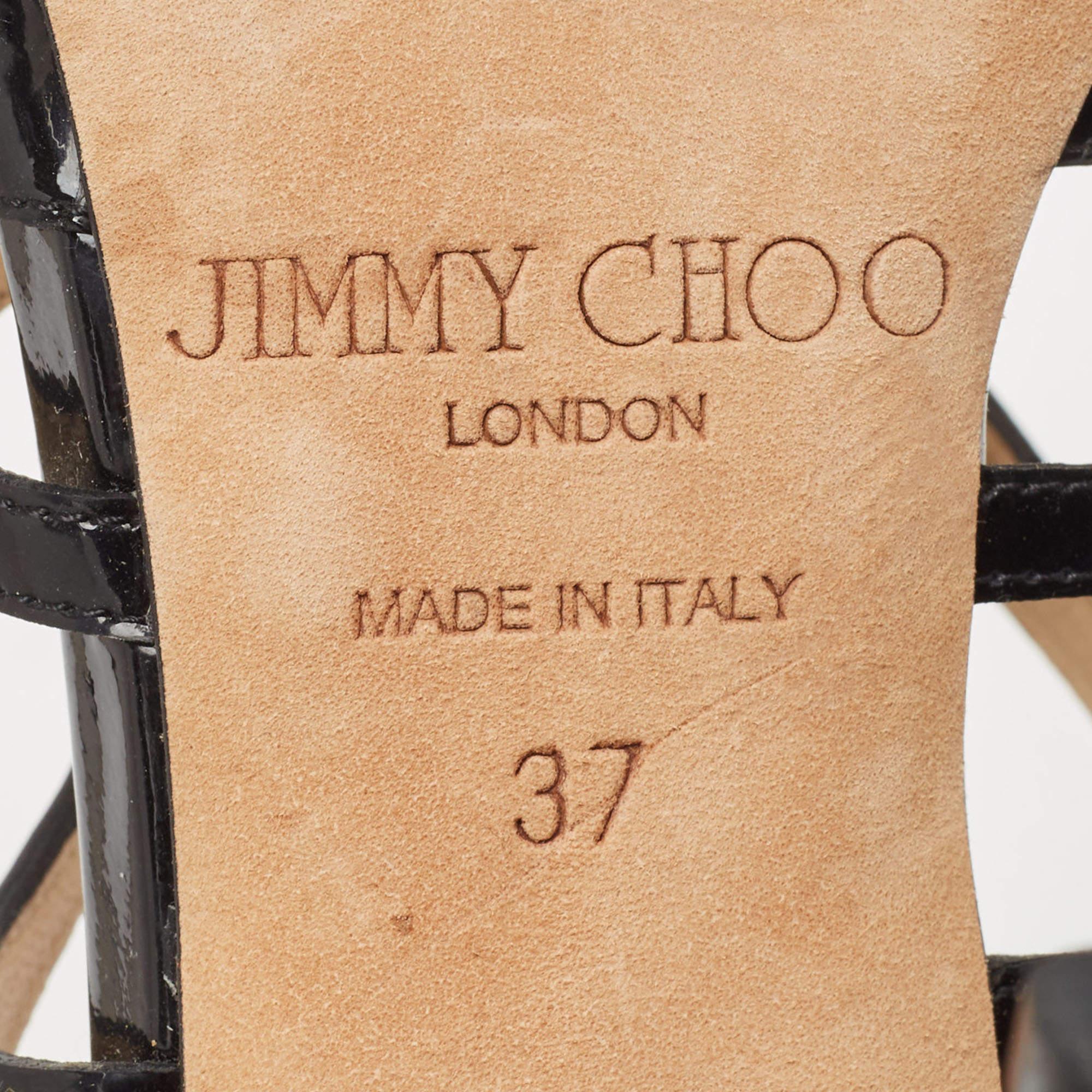 Jimmy Choo Black Patent Leather Cut Out Peep Toe Sandals Size 37 For Sale 4
