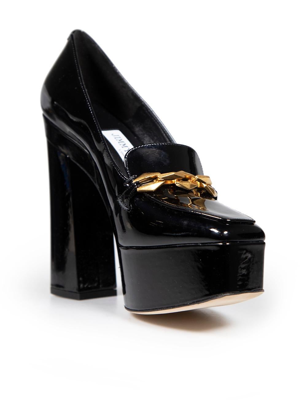 CONDITION is Never worn, with tags. No visible wear to shoes is evident on this new Jimmy Choo designer resale item. These shoes come with original box and dust bags.
 
 Details
 Model: Tilda 140
 Black
 Patent leather
 Heels
 Gold chain detail

