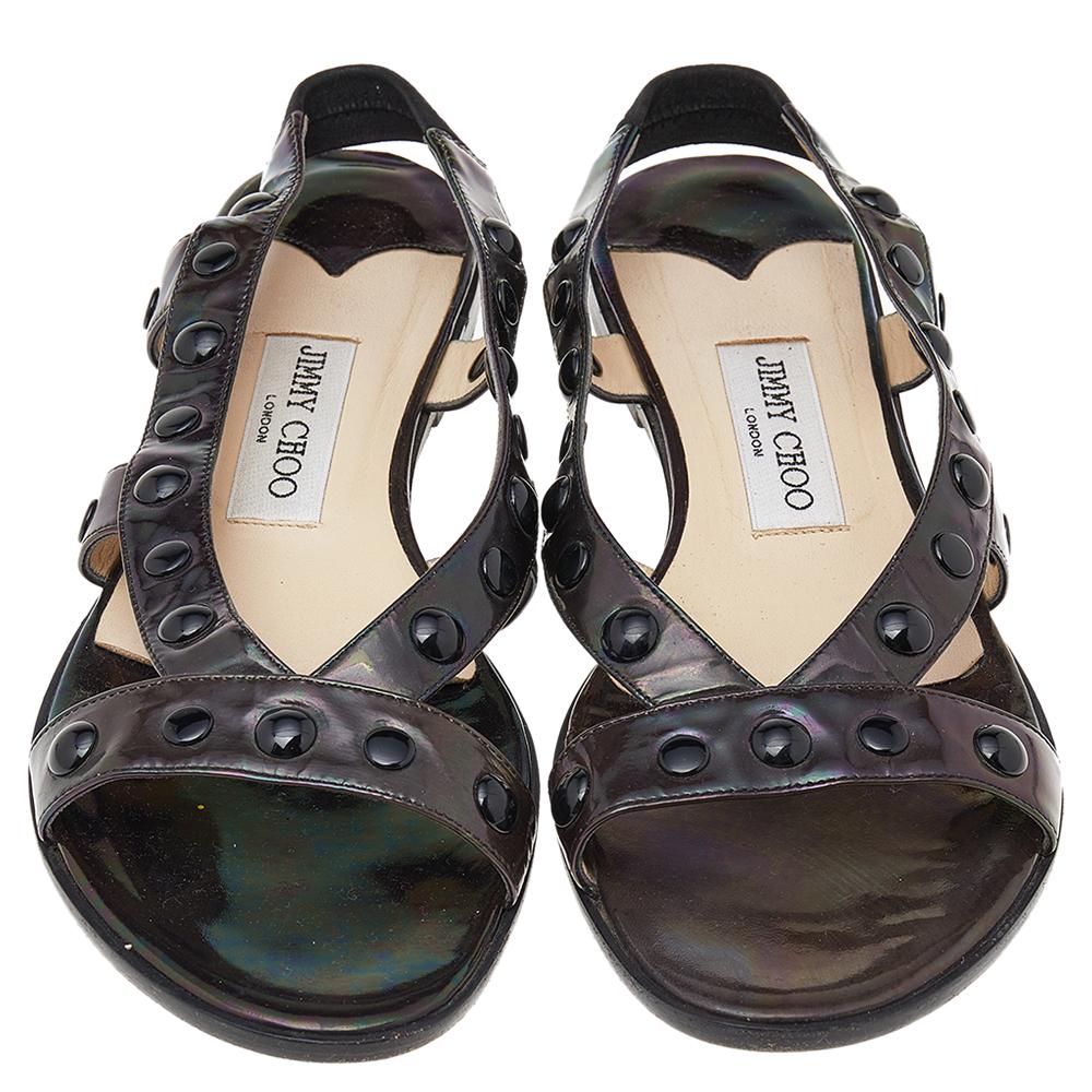 Jimmy Choo Black Patent Leather Embellished Sandals Size 38.5 For Sale 1