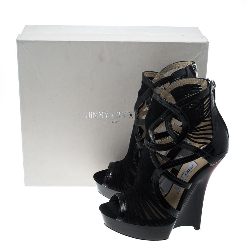 Jimmy Choo Black Patent Leather Emily Wedge Platform Booties Size 38.5 4