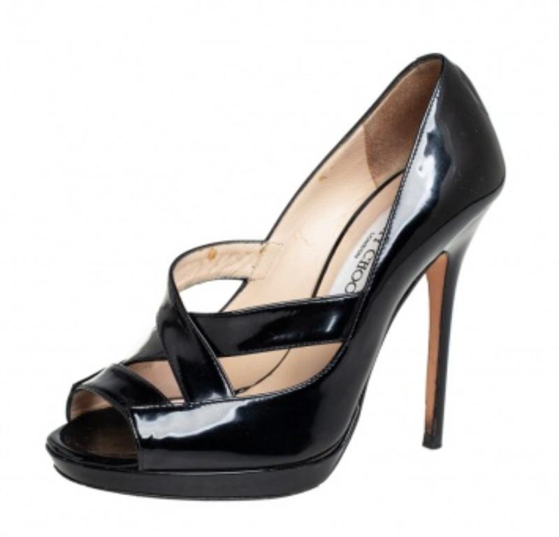 Women's Jimmy Choo Black Patent Leather Gesture Cross Strap Peep Toe Pumps Size 36 For Sale