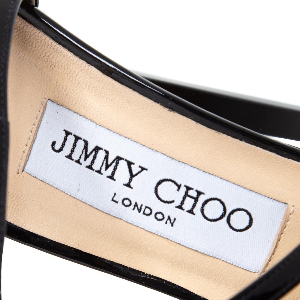 Jimmy Choo Black Patent Leather Ivette Ankle Strap Sandals Size 38.5 In Good Condition In Dubai, Al Qouz 2