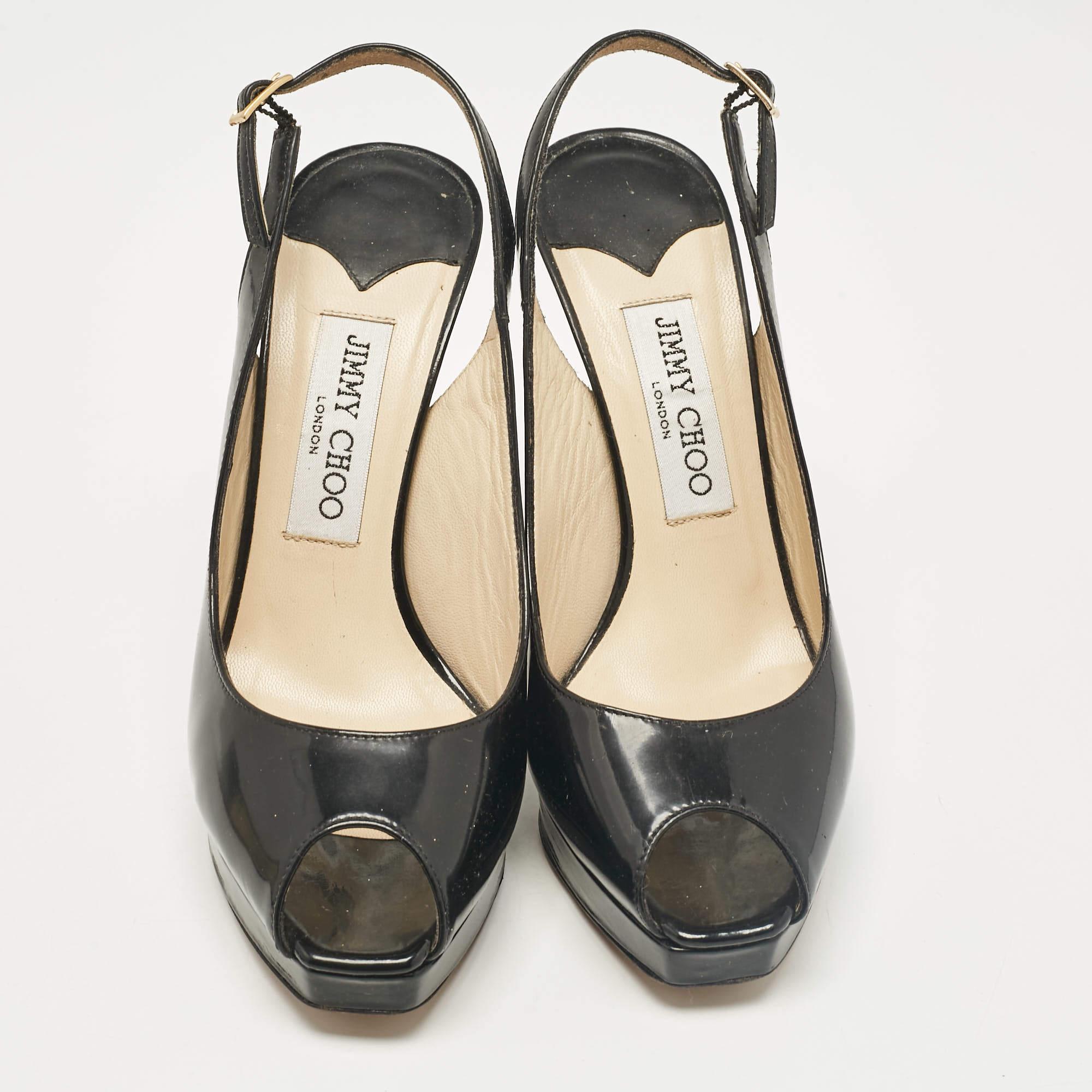 Jimmy Choo Black Patent Leather Nova Peep Toe Pumps Size 36.5 In Good Condition For Sale In Dubai, Al Qouz 2