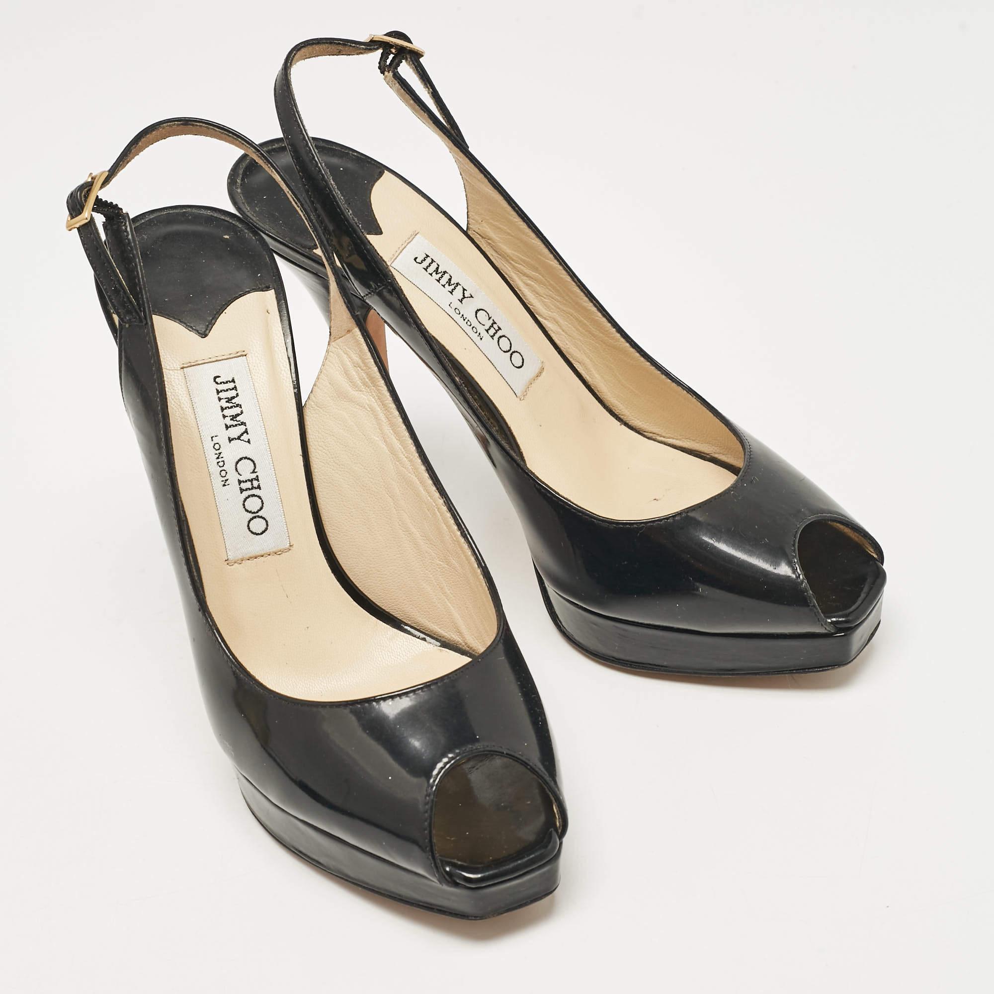 Women's Jimmy Choo Black Patent Leather Nova Peep Toe Pumps Size 36.5 For Sale