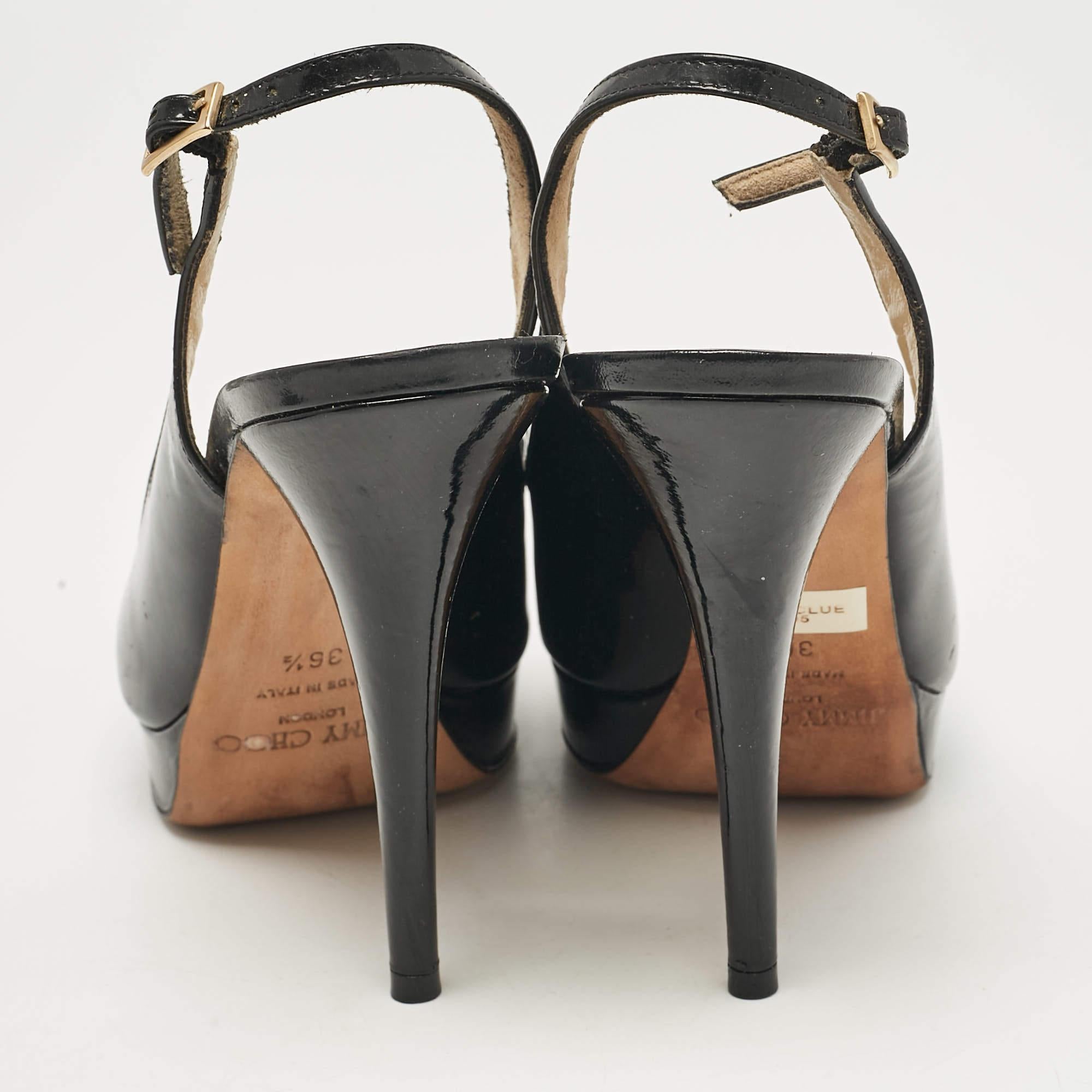 Jimmy Choo Black Patent Leather Nova Peep Toe Pumps Size 36.5 For Sale 1