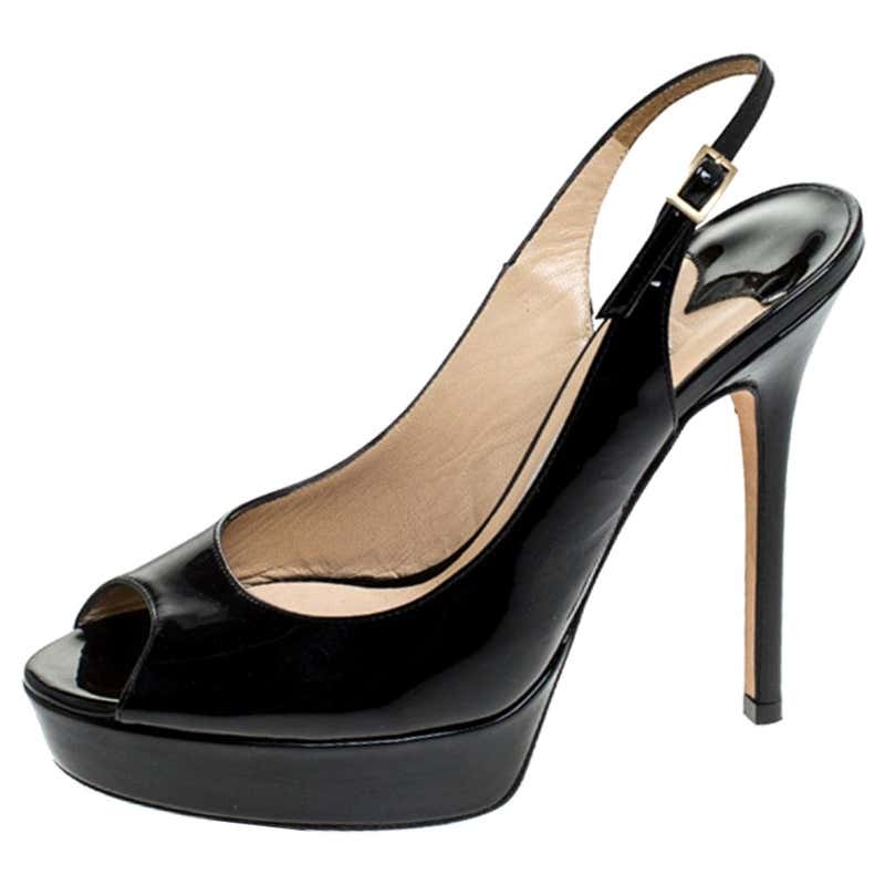 Jimmy Choo Black Patent Leather Peep Toe Ankle Strap Platform Sandals ...