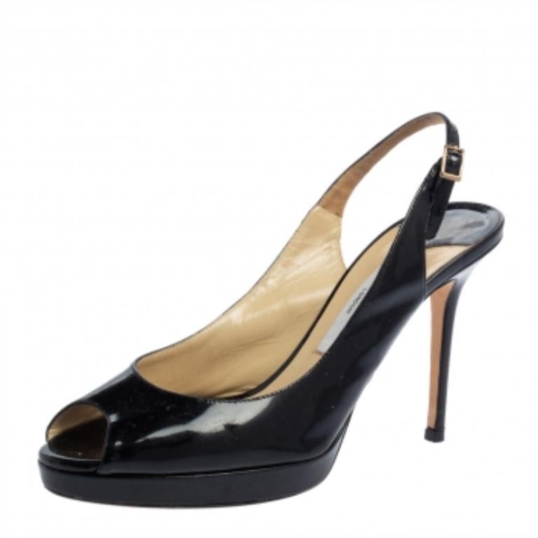 Women's Jimmy Choo Black Patent Leather Peep Toe Platform Sandals Size 39 For Sale