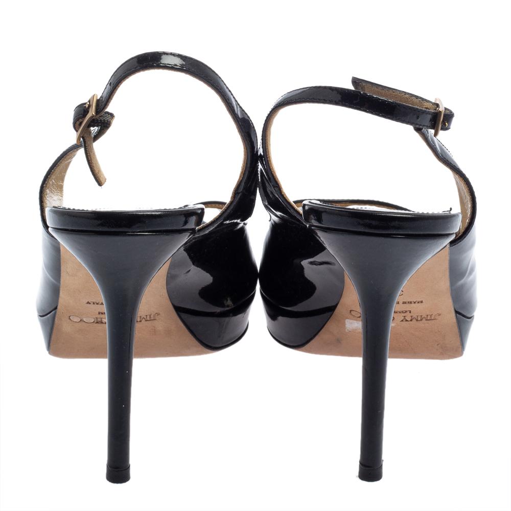 Women's Jimmy Choo Black Patent Leather Peep Toe Platform Sandals Size 39 For Sale