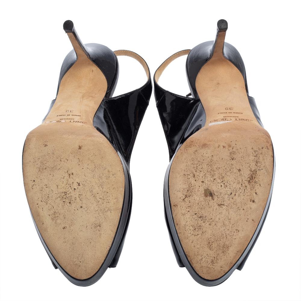Jimmy Choo Black Patent Leather Peep Toe Platform Sandals Size 39 For Sale 3