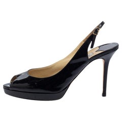 Used Jimmy Choo Black Patent Leather Peep Toe Platform Sandals Size 39