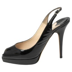 Jimmy Choo Black Patent Leather Peep Toe Slingback Sandals Size 37.5