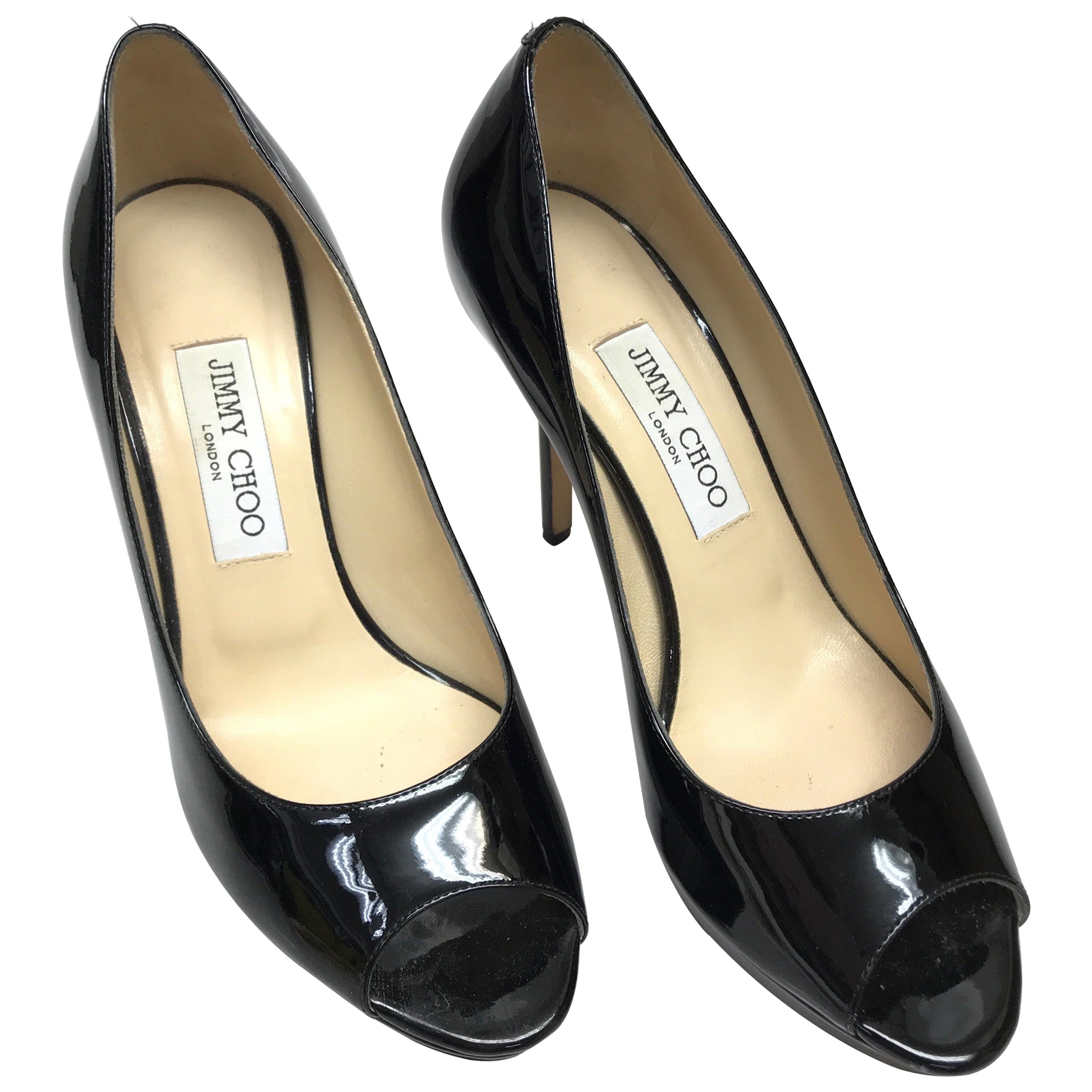 Jimmy Choo Black Patent Leather Peeptoe Heels-38