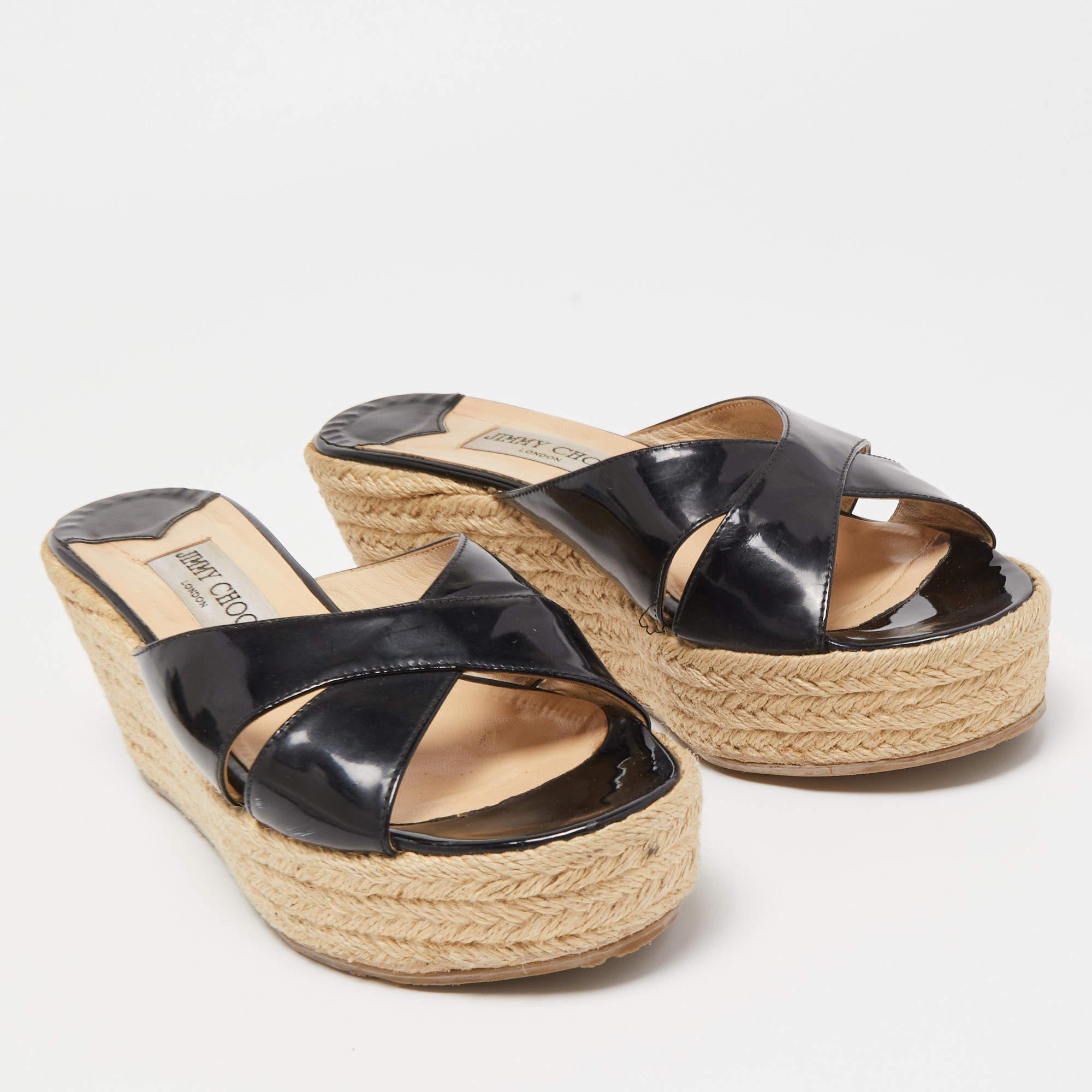 Women's Jimmy Choo Black Patent Leather Phyllis Wedge Espadrille Platform Sandals Size 3 For Sale