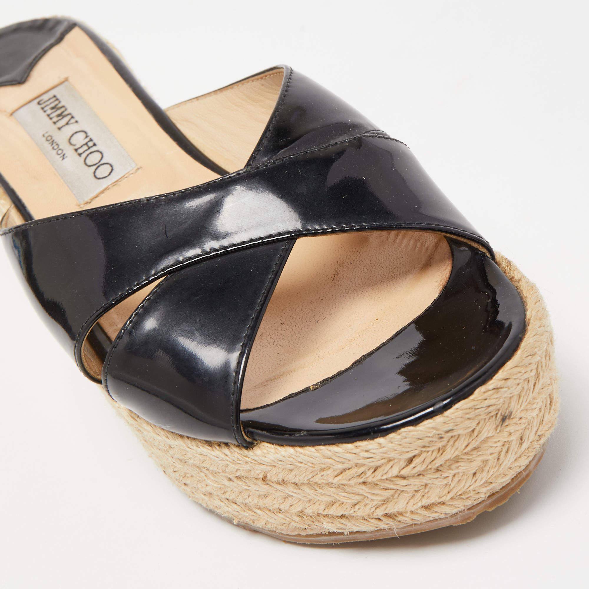 Jimmy Choo Black Patent Leather Phyllis Wedge Espadrille Platform Sandals Size 3 For Sale 2