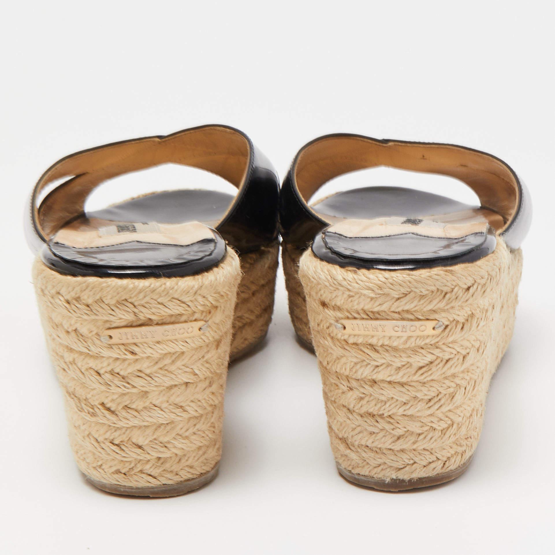 Jimmy Choo Black Patent Leather Phyllis Wedge Espadrille Platform Sandals Size 3 For Sale 5
