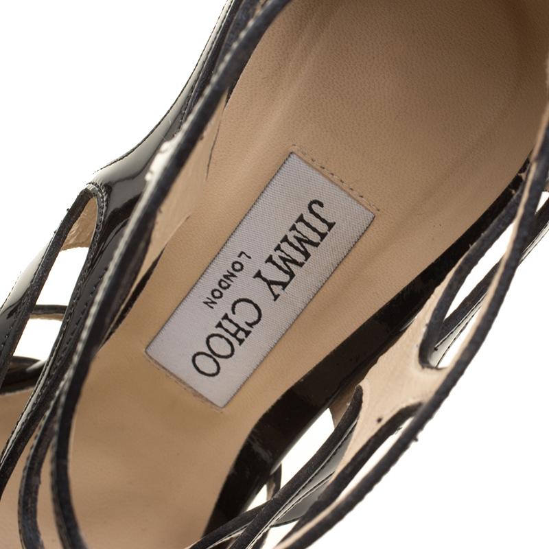 Jimmy Choo Black Patent Leather Ren Cut Out Peep Toe Sandals Size 40 1