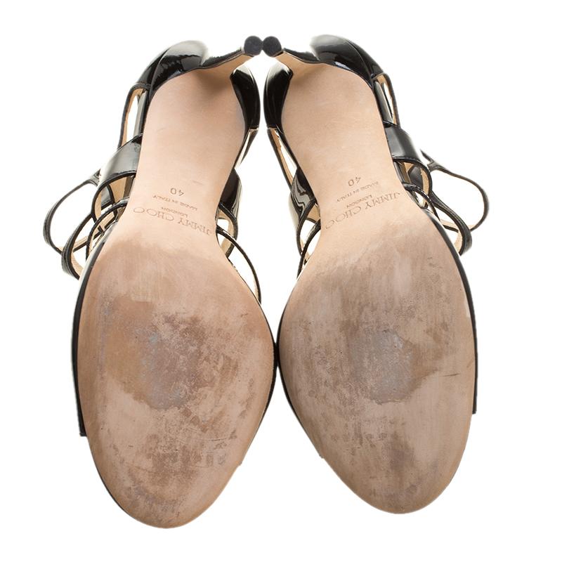 Jimmy Choo Black Patent Leather Ren Cut Out Peep Toe Sandals Size 40 3