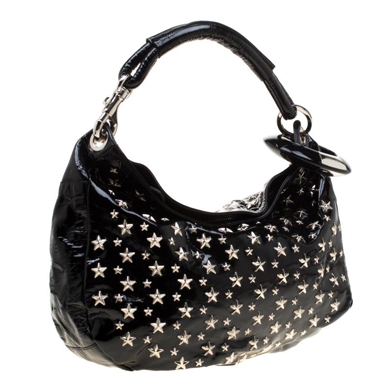 Jimmy Choo Black Patent Leather Small Star Studded Solar Hobo In Good Condition In Dubai, Al Qouz 2