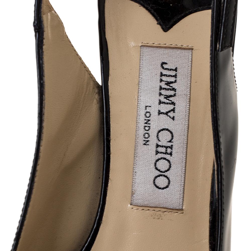 Jimmy Choo Black Patent Nova Peep Toe Platform Slingback Sandals Size 38 In Fair Condition For Sale In Dubai, Al Qouz 2
