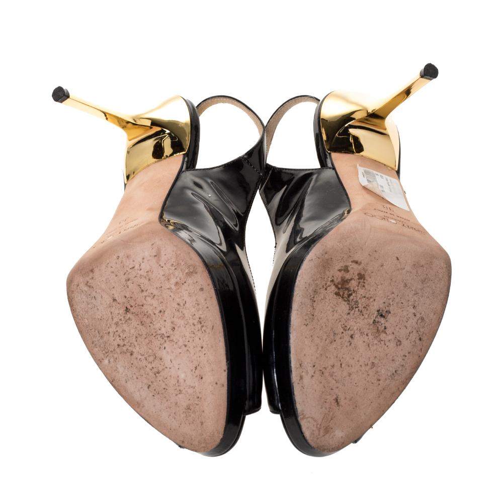 Jimmy Choo Black Patent Nova Peep Toe Platform Slingback Sandals Size 38 For Sale 1