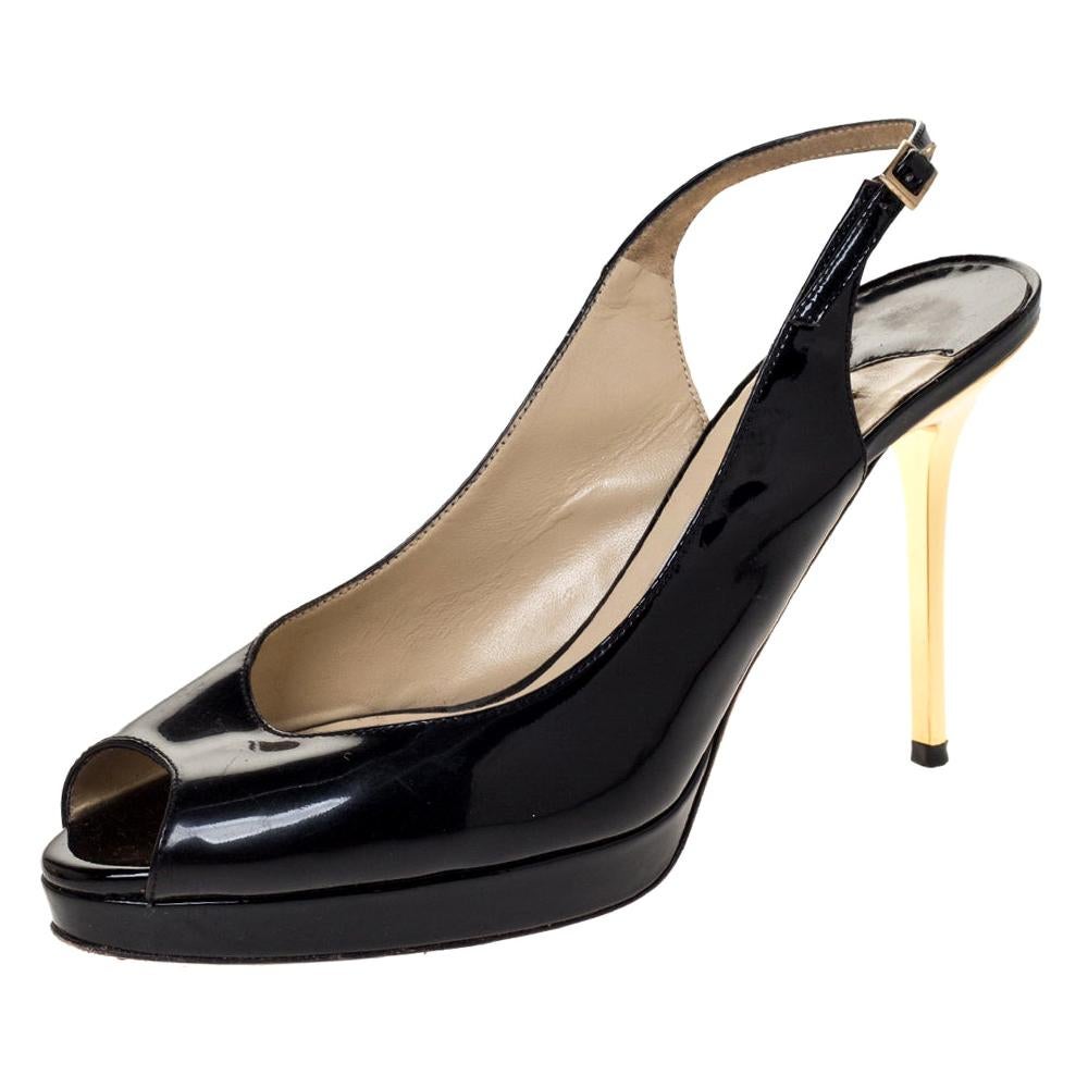 Jimmy Choo Black Patent Nova Peep Toe Platform Slingback Sandals Size 38 For Sale