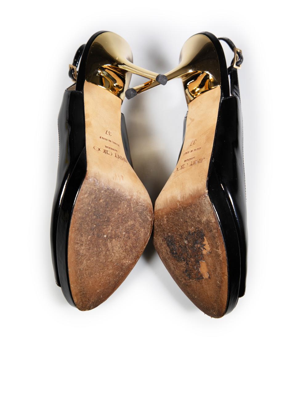 Women's Jimmy Choo Black Patent Peep Toe Gold Heels Size IT 37 For Sale