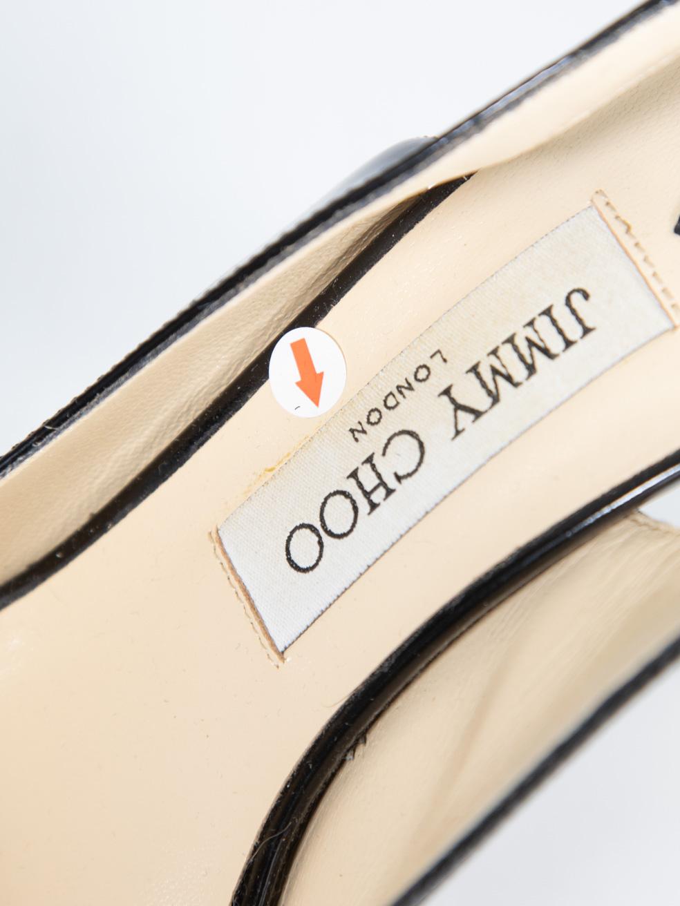 Jimmy Choo Black Patent Peep Toe Gold Heels Size IT 37 For Sale 3