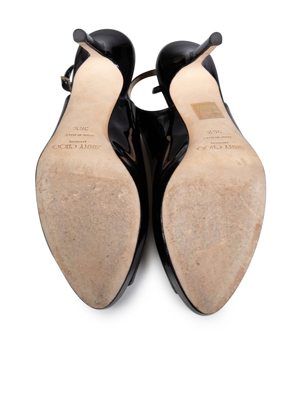 Women's Jimmy Choo Black Patent Peep-Toe Slingback Heels Size IT 36.5 For Sale