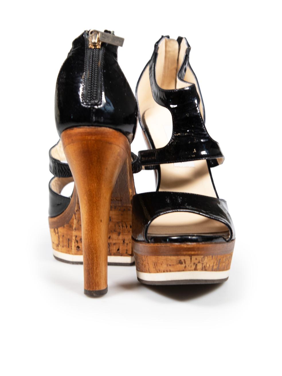 Beige Jimmy Choo Black Patent Wood Platform Sandals Size IT 37 en vente