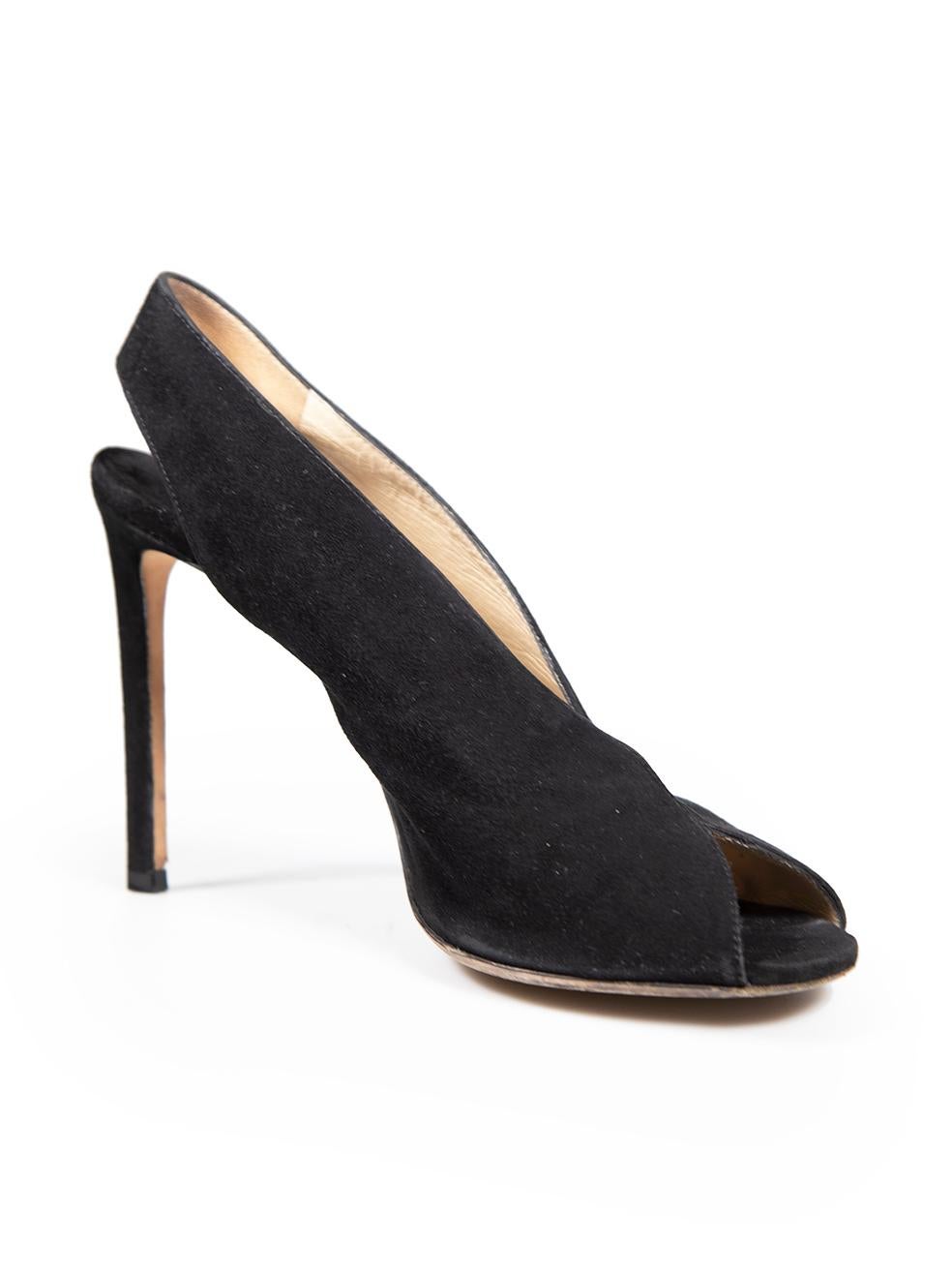 CONDITION is Good. Minor wear to sandals is evident. Light wear to soles and abrasion to suede of top and rear of both shoes on this used Jimmy Choo designer resale item.
 
 
 
 Details
 
 
 Clue model
 
 Black
 
 Suede
 
 Slingback sandals
 
 Open