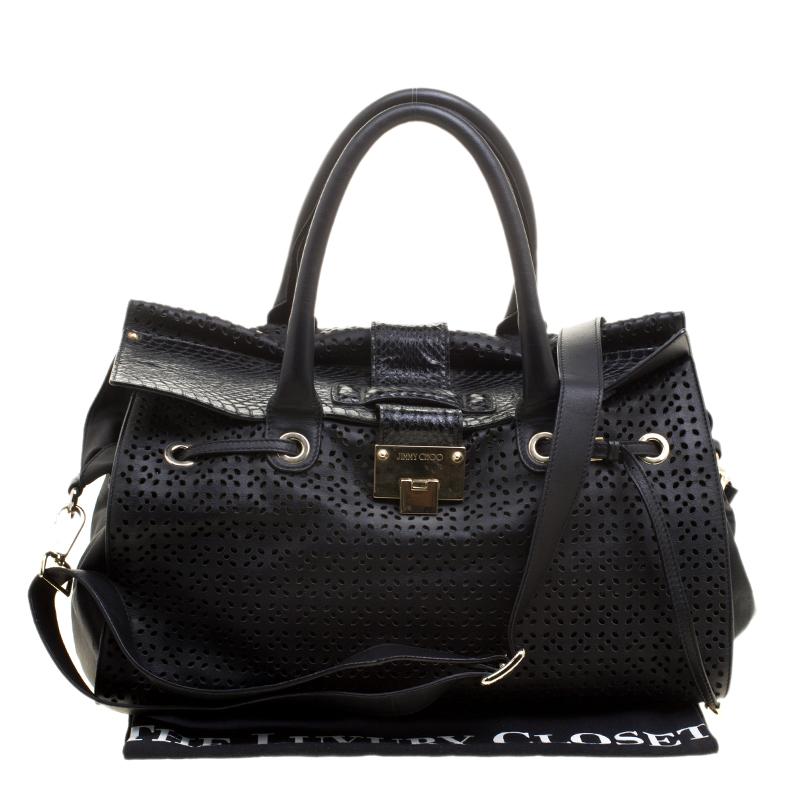 Jimmy Choo Black Perforated Leather Rosa Flap Over Tote 7