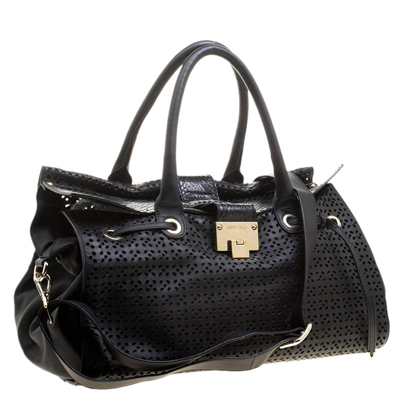 Women's Jimmy Choo Black Perforated Leather Rosa Flap Over Tote