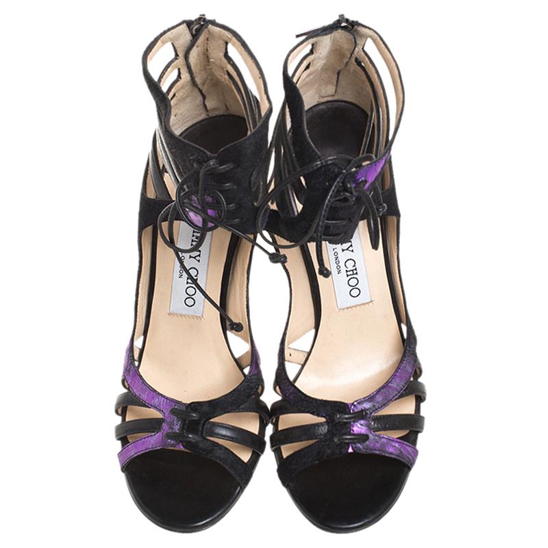 Jimmy Choo Black/Purple Leather And Pony Ankle Strap Sandals Size 36 In Good Condition In Dubai, Al Qouz 2