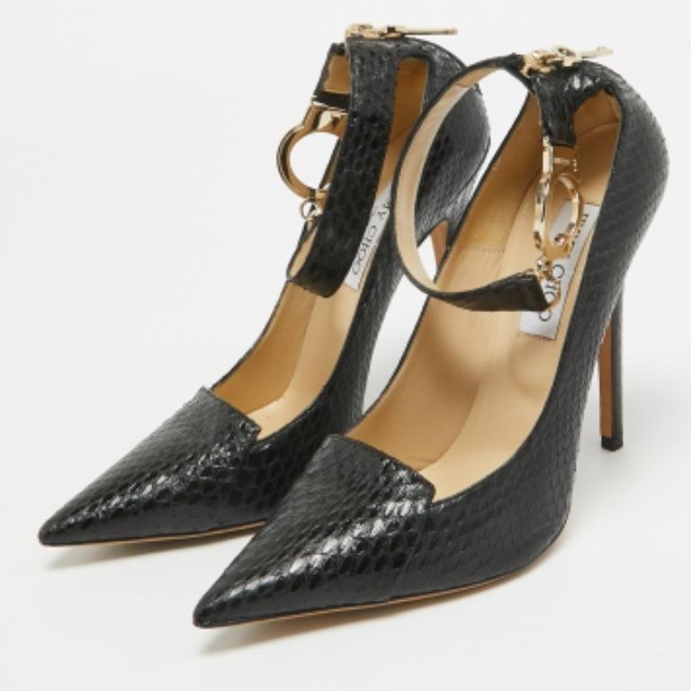Jimmy Choo Black Python Ankle Cuff Pumps Size 38.5 For Sale 3